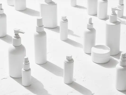 Composed image of label-less white skincare bottles