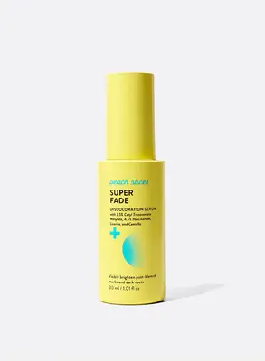 A yellow bottle labeled Super Fade Brightening Serum by a skincare brand