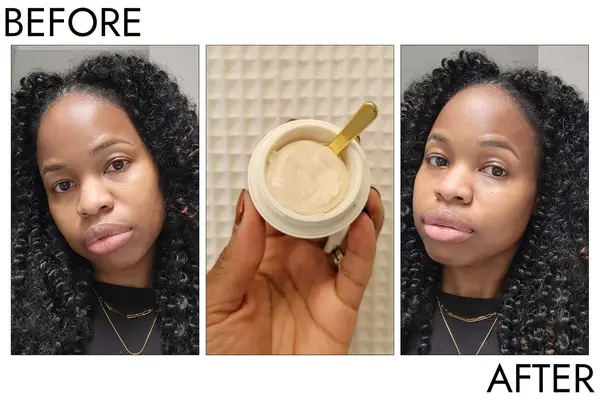 A person before and after using the Tatcha The Silk Peony Eye Cream