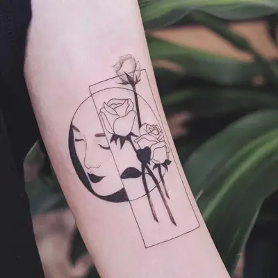 Geometric face and roses Negative Space Tattoo