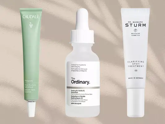 A collage of acne spot treatments from Caudalie, The Ordinary and Dr. Barbara Sturm