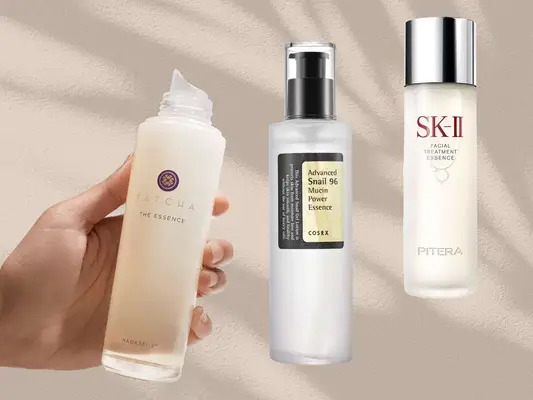 a collage of facial essences on a tan background