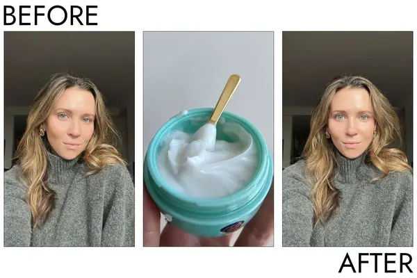 A person before and after using the The Water Cream