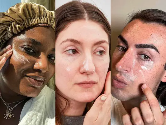 A collage of three testers applying noncomedogenic moisturizers onto their face