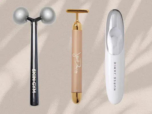 Three face massagers we recommend collaged on a neutral background, including Skin Gym, Jillian Dempsey, and Nurse Jamie