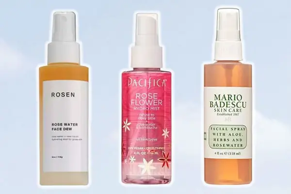 Collage of rose water sprays, including Rosen Rose Water Face Dew and Pacifica Rose Flower Hybrid Mist, we recommend on a blue background