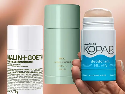 Collage of two deodorants for women, Malin + Goetz and Corpus the Botanist, plus Kopari brand deodorant in a hand