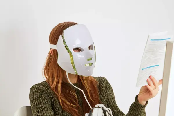 A person wearing the NutriSkin Wrinkle Clearing Light Therapy Face and Neck Mask and looking at its manual