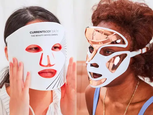 Collage of two people testing LED light therapy masks from CurrentBody and Dr. Dennis Gross Skincare