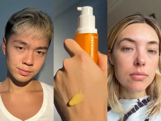 A collage of two people testing Vitamin C serums and Ole Henriksen