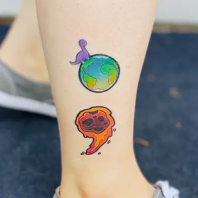 Earth, dinosaur, and asteroid colorful semicolon tattoo