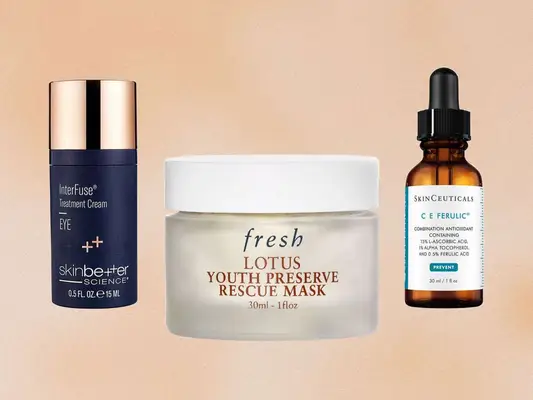 A collage of Skinbetter, Fresh, and SkinCeuticals anti-aging products on a peach background