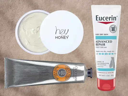 Foot creams, including Hey Honey, Eucerin, and L