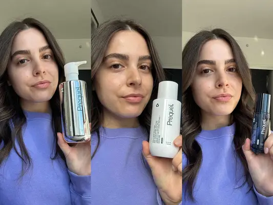 A female tester using a variety of Prequel products