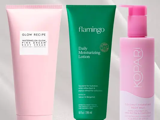 A collage of three scented body lotions on a neutral background, including ones from Glow Recipe, Flamingo, and Kopari