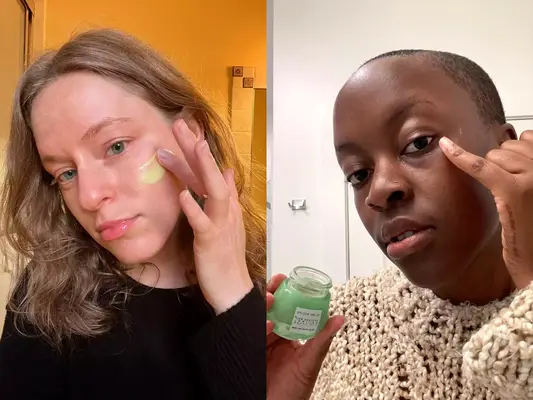 Retinol Creams Featuring Paulas Choice Clinical Pro-Retinaldehyde and Glow Recipe Fine Line Cream Being Applied to People