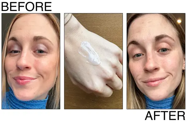 before and after of a person using the Futurewise Face Melt Cleansing Balm