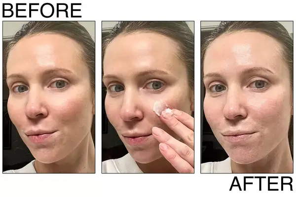 Collage of a person before and after using a cleansing balm on their face to remove makeup