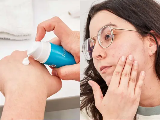 A hand pumping cream out of the Neutrogena Hydro Boost Hyaluronic Acid Moisturizer SPF 50 next to a person applying the Neutrogena Hydro Boost Hyaluronic Acid Moisturizer SPF 50 on the side of their face