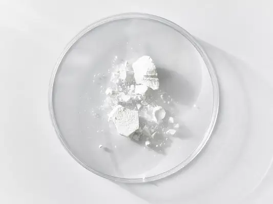 Close up of white powder on a clear petri dish, set on a light grey background.