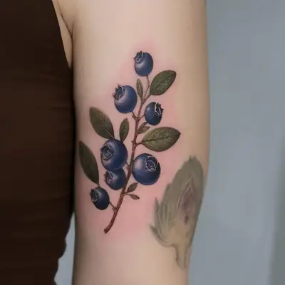 Close-up of blueberry branch tattoo on arm