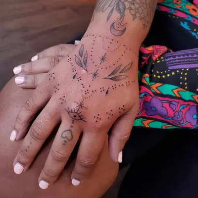 Close-up of hand tattoo with ornamental pattern design