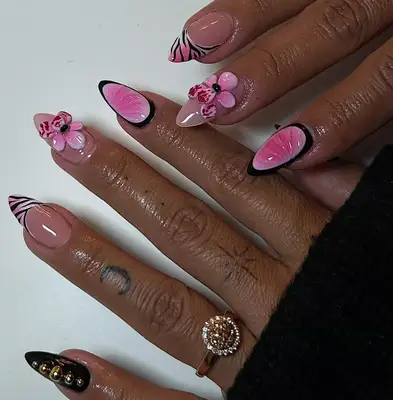 Delicate finger tattoos and pink tips on nails with nail art