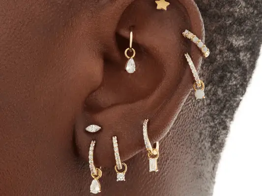 Close up of an ear with a lot of piercings