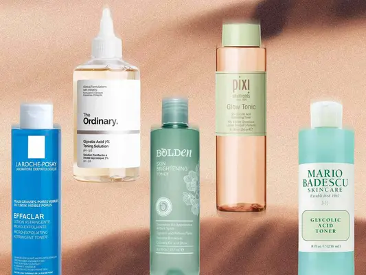 Side-by-side selection of glycolic acid toners, including La Roche-Posay, The Ordinary, Bolden, Pixi, and Mario Badescu, on a colorful background