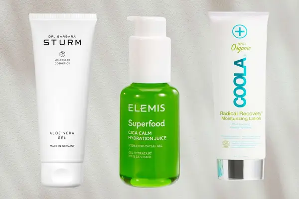 A collage of Sturm, Elemis, and Coola brand aloe vera gels and lotions on an off-white background