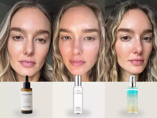 Collage of three faces and three self tanners for fair skin