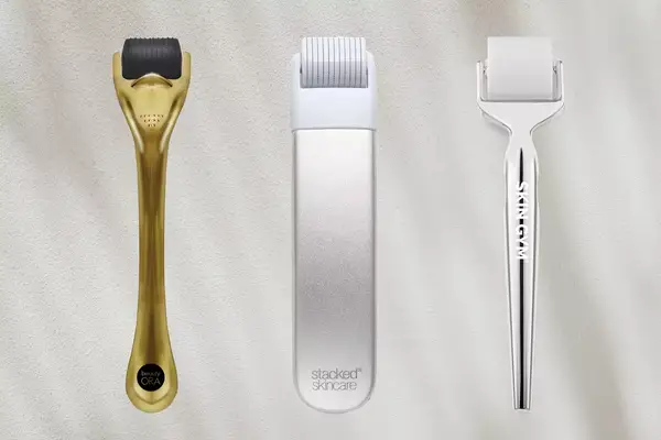 A collage of three derma rollers against a white background, including Stacked, Skin Gym, and Ora