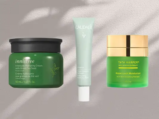 Recommended moisturizers for oily skin, including Innisfree, Caudalie, and Tata Harper, collaged on a grey background