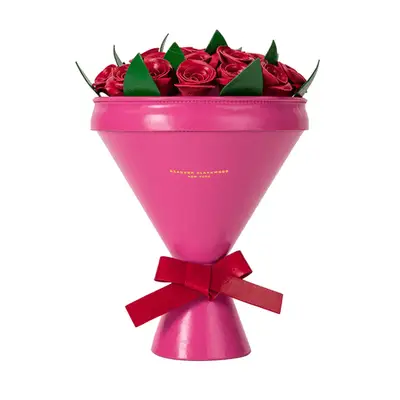 Brandon Blackwood Bouquet Clutch in pink with red roses and ribbon