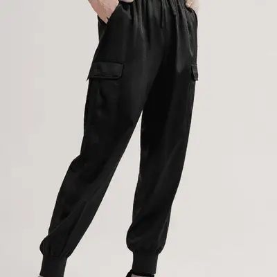 Photo of silk cargo pants on model