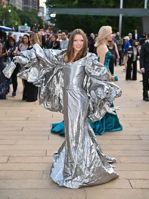 Julia Fox wearing a silver tinfoil gown