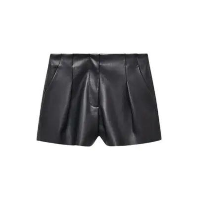 Mango Skin-Effect Pleated Shorts in black leather
