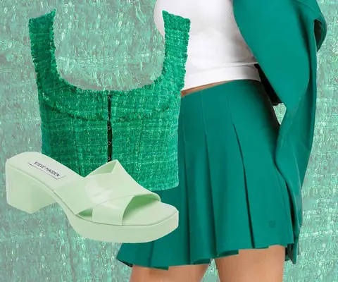 Chappell Roan Tour Lady Liberty Outfit: Green tweed top, green pleated mini skirt on model, and mint green heeled sandals