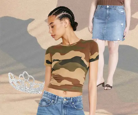 Chappell Roan Tour Midwest Princess Outfit: Denim skirt on model, camo shirt on model, and rhinestone tiara