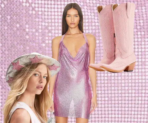 Chappell Roan Tour Pink Pony Club Outfit: Pink cowboy boots, pink sparkly mini dress on model, and star-patterned cowboy hat on model