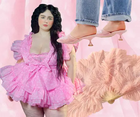 Chappell Roan Tour Manhattan Romance Outfit: heart-patterned dress on model, close-up of pink mesh heels on model, and pink feathered fan