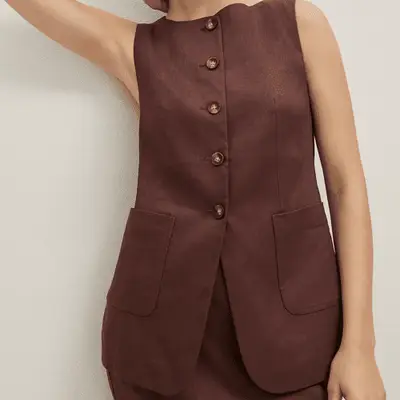 Ann Taylor The Long Crew Neck Vest in linen twill in rich walnut chocolate brown