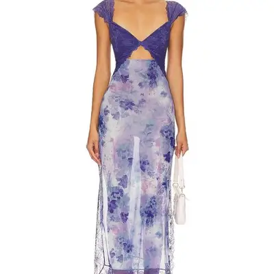 Free People x Intimately FP Suddenly Fine Maxi Slip in spring rain purple semi-sheer combo on model