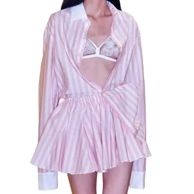 Lurelly Ballerina Striped Shirt in pink and white on model