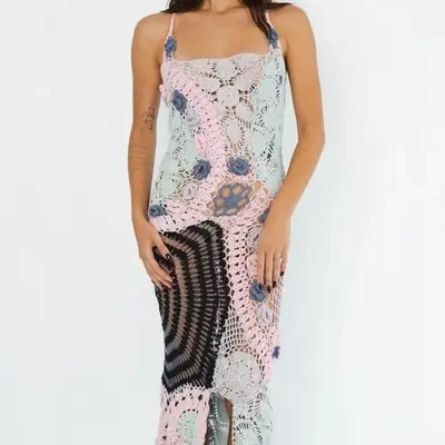 Oceanus Cassandra Vintage Crochet Evening Dress in multicolored pink, mint, and black on model