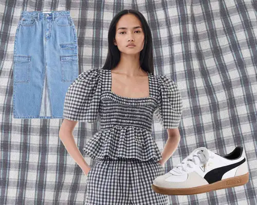Black and white gingham top, denim midi skirt, and black, gray, and white Puma Palermo sneakers