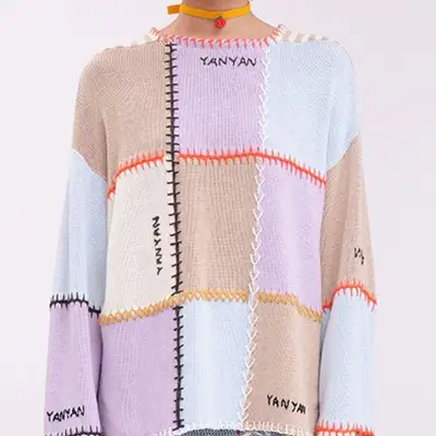 YanYan Cotton-Check Boatneck Pullover in patchwork colors on model
