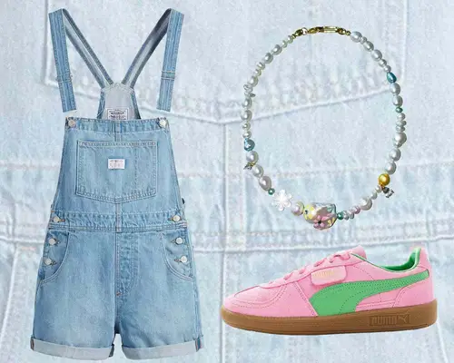 Light wash denim overalls, colorful pearl necklace, and pink and green Puma Palermo sneakers