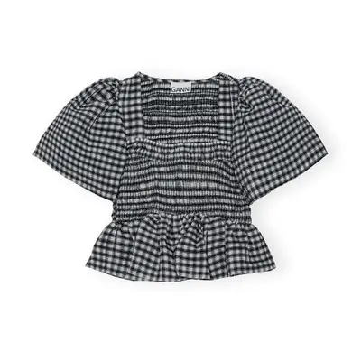 Ganni Seersucker Checked Blouse in black and gray