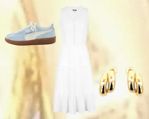 White midi dress, gold earrings, and blue and white Puma Palermo sneakers